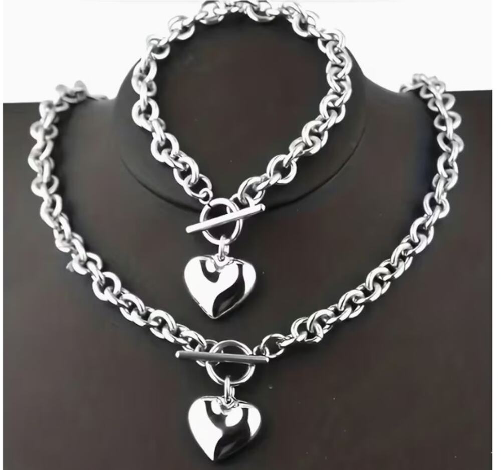 Stainless Steel Heart Pendant Chain Necklace & Bracelet Toggle Clasp